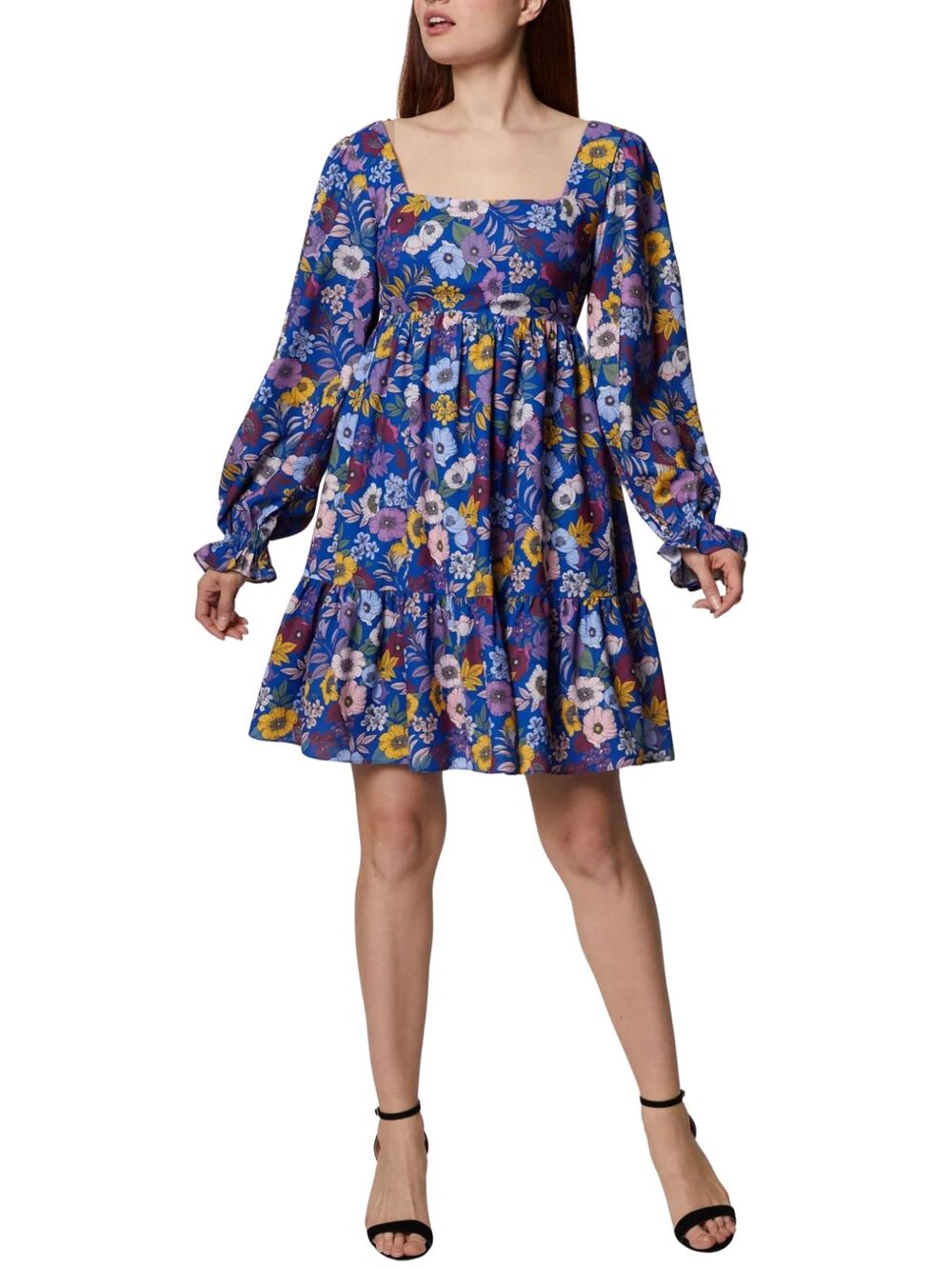 BCBGeneration Floral Square Neck Tiered Mini Dress Blue Multicolor Women's Sz 6